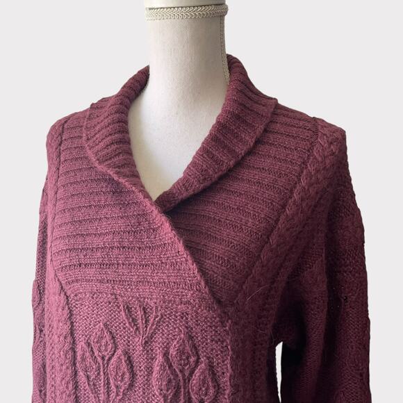 Peruvian 100% Alpaca Sweater Cable Knit Purple Shawl Collar Long Sleeve Large - Picture 2 of 8